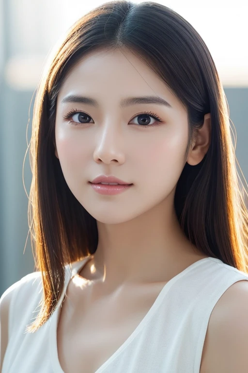 High-quality, ultra-realistic portraits。She has a well-balanced face、The face shape can be either oval or round.。Eyes are gentle、Has a natural glow、The nose is well-groomed、Lips are plump and naturally colored。The skin is transparent、Has a healthy glow。Makeup is natural、Use a light foundation、The bright lip colour adds a fun touch.。The lighting is soft and natural.、Accentuating facial features、Does not emphasize shadows。The background is simple and has a blurred gradient.、Focus on the face。