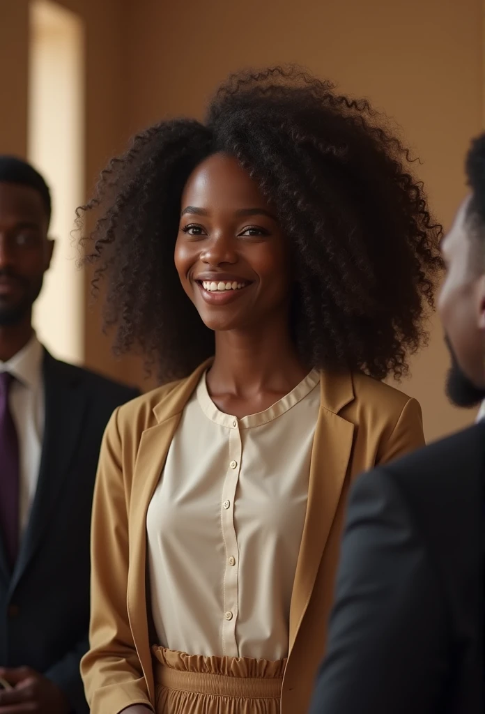 (premier travail:1.1), (photoréalisme:1.1), (1fille), ivoirienne les cheveux africain et ondulés　　âge de 18ans et obtenant son baccalauréat a Abidjan Belle femme　et souriante Fond simple marron ou beige de travail, cheveux différents, Debout et accompagné, Face au directeur lui remettant son diplôme, sereine, salle de délibération et ovationné