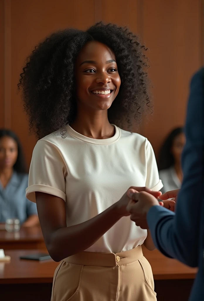 (premier travail:1.1), (photoréalisme:1.1), (1fille), ivoirienne les cheveux africain et ondulés âge de 18ans et obtenant son baccalauréat a Abidjan Belle femme et souriante Fond simple marron ou beige de travail, cheveux différents, Debout et accompagné, Face au directeur lui remettant son diplôme, sereine, salle de délibération et ovationné