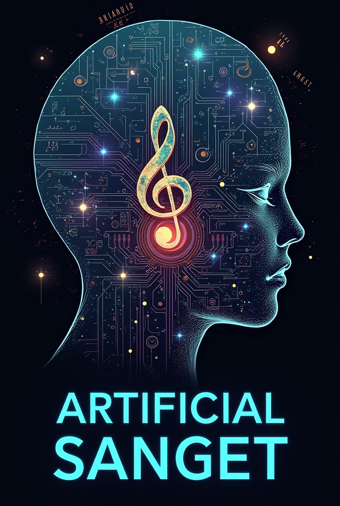 Musical Elements with AI Touch: Combine musical symbols, such as notes or a waveform, with digital elements like circuit lines or binary code. This fusion represents both the music and AI aspects. And at center written with  YouTube channel name"Artificial Sangeet".