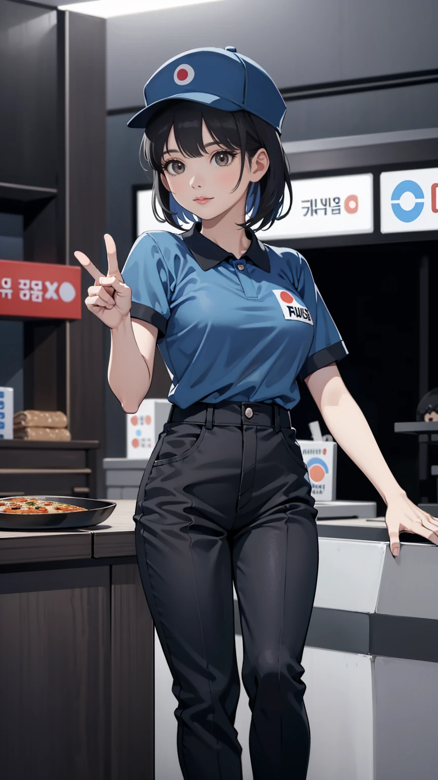 round eyes, pretty face, short korean bangs hair, dimash kudaibergen as a female dominos pizza employee is standing, thumbs up, blue polos shirt short sleeve, black cinos pants, wearing black front cap, serious face expression, full hd resolution dominos kitchen restaurant background, cold filter, shiny environment effect, full body