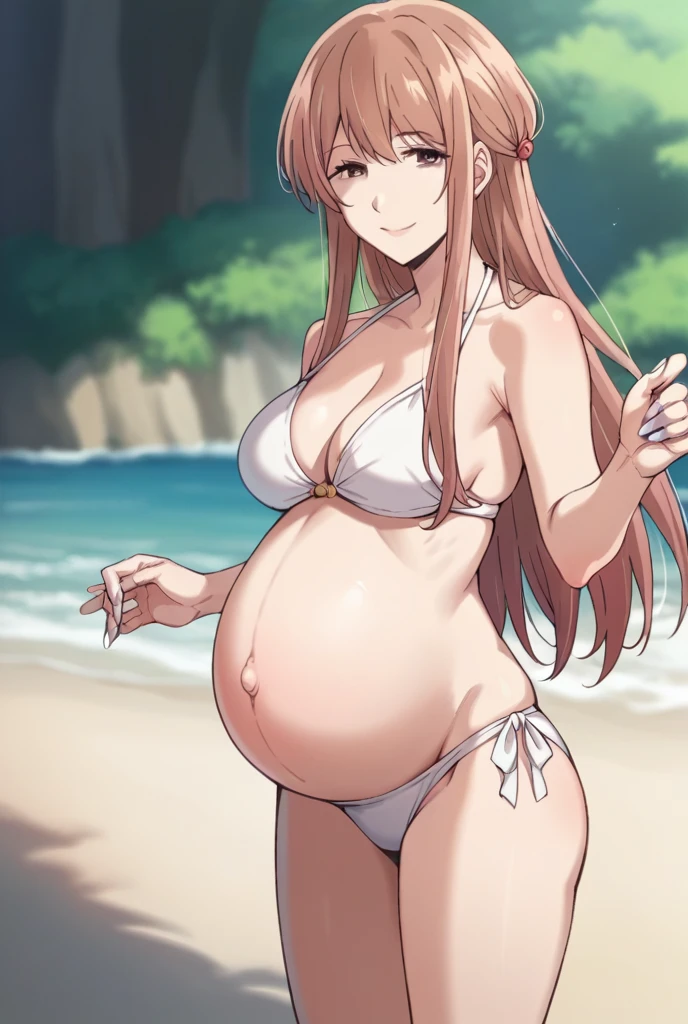 score_9, score_8_up, score_7_up, source_anime,
akaneminagawa, akane minagawa, long hair, bangs, brown hair, brown eyes,
Bikini, panties, White nails, heels, beach, rubing belly, smile,
looking at viewer, cowboy shot, solo, pregnant, possing,