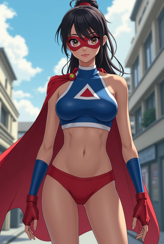 Girl, Japanese, realistic, full body superheroine, round face, pretty, wide eyes, dark hair, ponytail, athletic build, sexy, costume: spandex, red cape, one-pieced, tight, sleeveless, blue top with white sides, up side down white triangle symbol, exposed belly, red underwear, white thigh-high socks, red boots, short blue fingerless, white shooter sleeves, red domino mask.