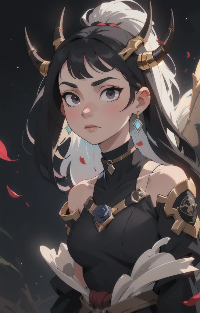 Seven Rhaeyar (Deylta), Ancient Star goddess, Perfect female anatomy (Royalty, Adult Female, 166cm in height, Cool pale skin, slim, slender, 34D breast size, Long Jet Black Hair, Gray Colored Iris , a set of Jet black colored horns on her head), Neutral facial expression, Elegant black uniform dress, female choker accessory with silver complimentary jewelry, dragon motifs, Black rope accessories, Simple Background, receiving light from the front, the focal point is her face, Ethereal glow, Blue Rose petals falling, Japanese inspired, bring her very close up, face image, detailed features, high quality resolution, shoulder up portrait