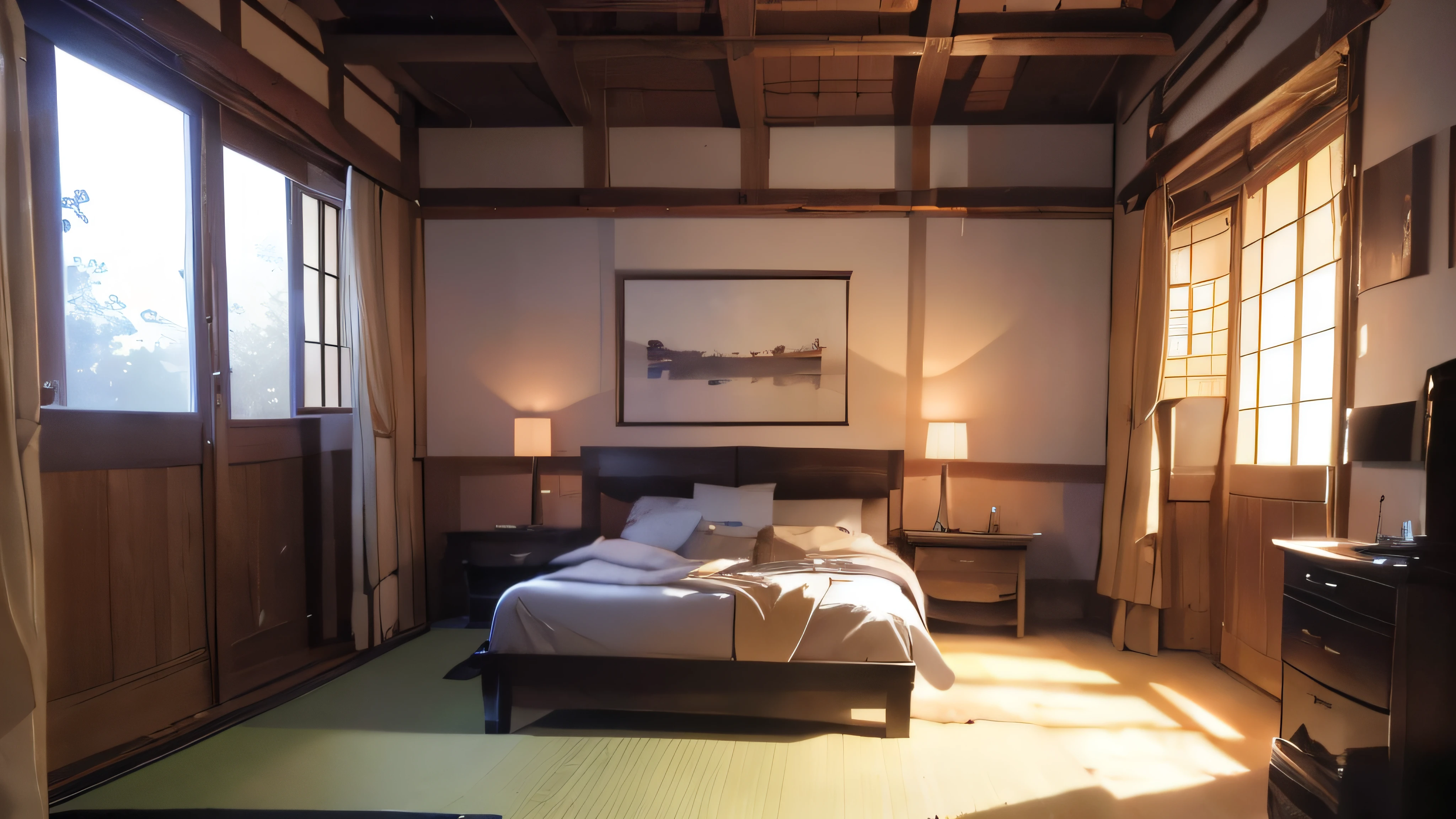 (8k, best quality, masterpiece:1.2), (realistic, photo-realistic:1.37), ultra-detailed,japanese bedroom,no character, bed side view,night,indoor,