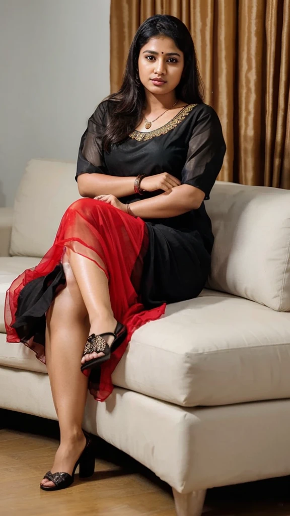 South Indian women, wearing red colour chiffon transparent shiny skirt and black chiffon shirt