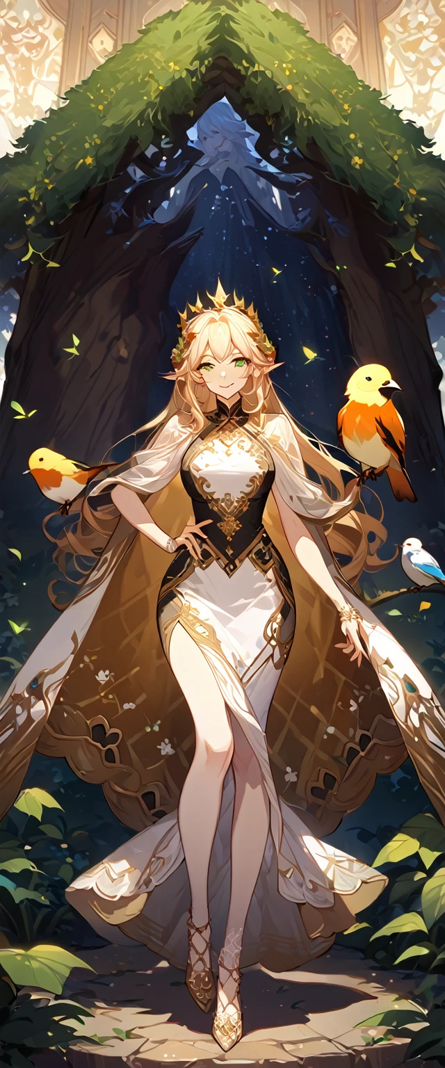 masterpiece, best quality, 8k ,4k , 1girl, elf queen, blond reddish hair, green eyes, big chest, gold wreath crown, hair ornament, finely detailed eyes and detailed face, looking at viewer, white sleeveless, Lace dress, patterned clothes, gold embroidery clothes, meticulous clothes, mature clothes, transparent cape with lace, majestic looks, smiling gently, small bird, full body, big tree background, inspired by Asukaziye artist : ask, art style : ask