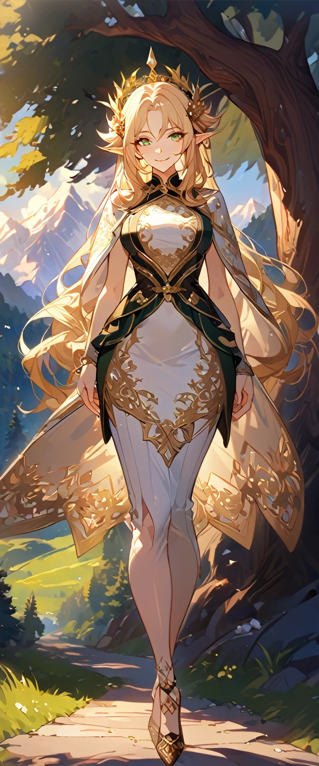 masterpiece, best quality, 8k ,4k , 1girl, elf queen, blond reddish hair, green eyes, big chest, gold wreath crown, hair ornament, finely detailed eyes and detailed face, looking at viewer, white sleeveless, Lace dress, patterned clothes, gold embroidery clothes, meticulous clothes, mature clothes, transparent cape with lace, majestic looks, smiling gently, small bird, full body, big tree background, inspired by Asukaziye artist : ask, art style : ask