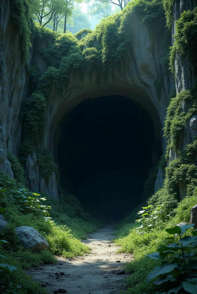 In Cinematic 3D animation style"A hidden cave entrance covered in vines and moss, with a dark and ominous atmosphere"