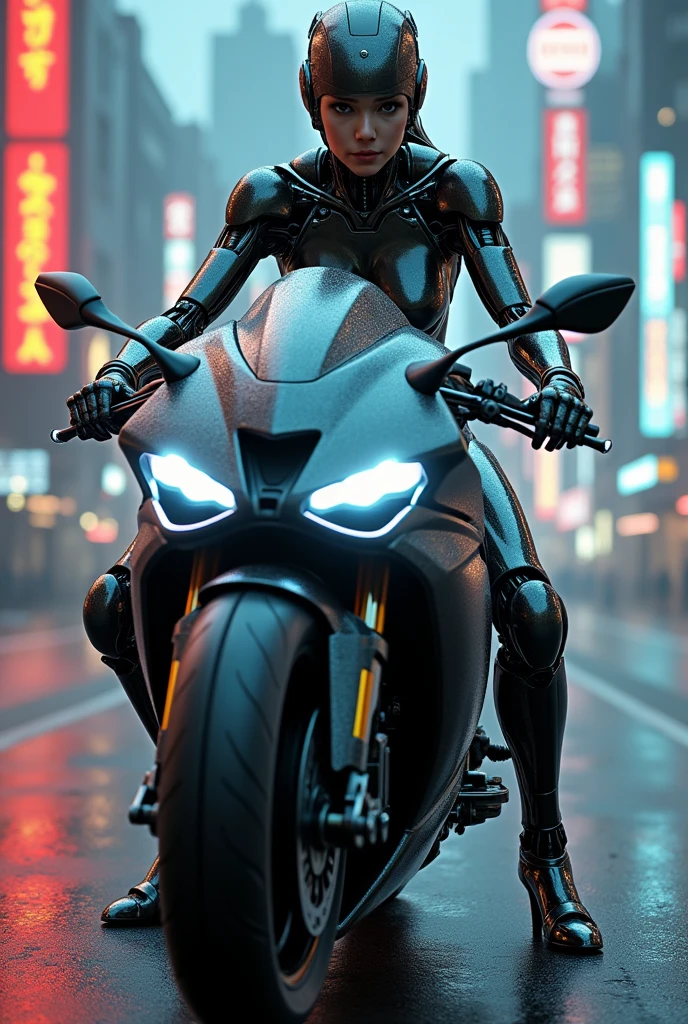 Sexy robot girl driving a motorcycle