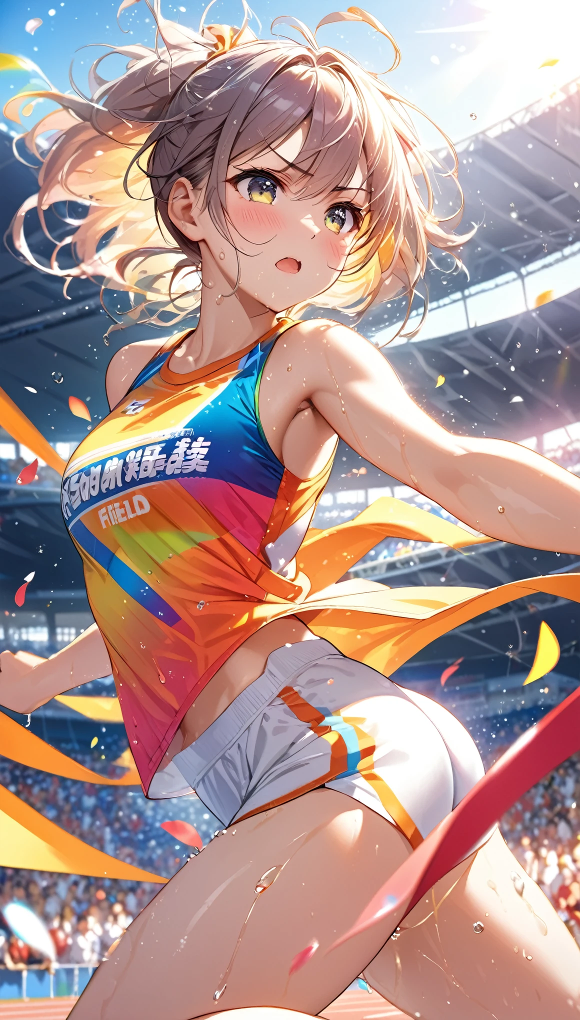 (masterpiece, 4k ,ultra detailed:1.2),(beautiful face:1.2),(anime:1.2),illustration,(solo:1.2),(looking at viewer:1.4),(supermodel:1.3),(track and field athlete:1.4),(track and field uniform,separate uniform:1.4),(bike shorts:1.4),(running:1.5),(sweaty skin:1.3),(white hair),13yo,(absurdly short hair:1.5),(white panties),(string,abs,bouquet,child,small breasts,petite:1.1),(sfw,nipple,flat chest,dress,sports bra:1.5),(cinematic angle),(full body:1.2),(Camel toe:1.3),(track and field field:1.5)