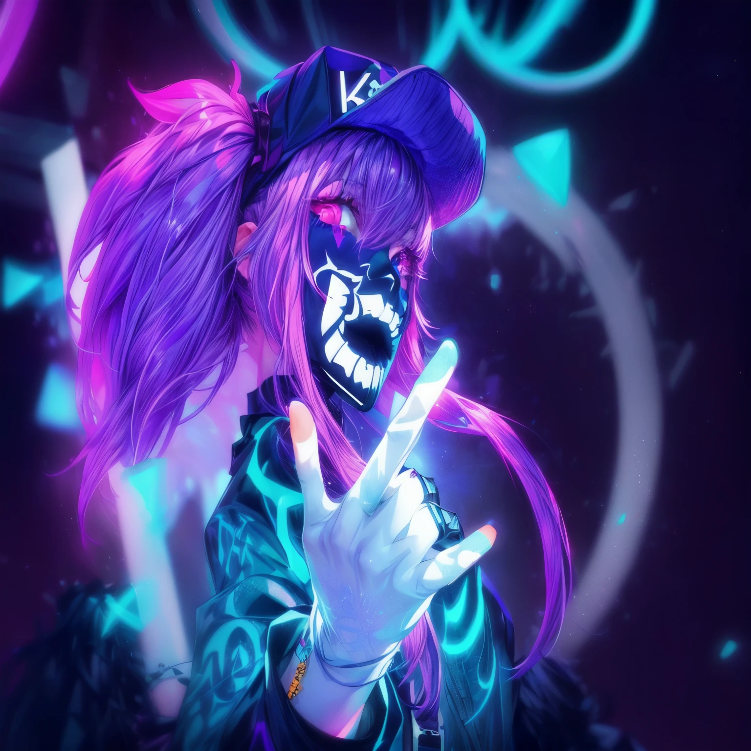 purple haired girl with a purple hat and purple hair making a peace sign, vibrant fan art, weirdcore voidpunk fursona, jen bartel, unknown artstyle, kda, glitchpunk girl, rossdraws cartoon vibrant, [ synthwave art style ]!! ]!!, trigger anime artstyle, jazza and rossdraws