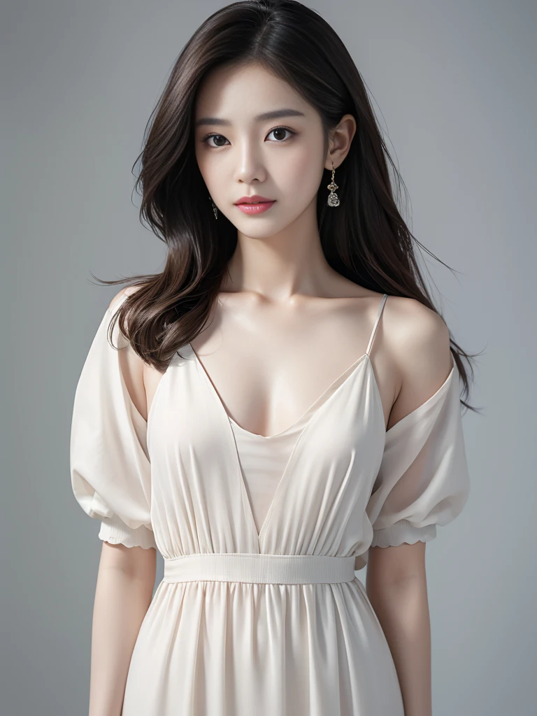 Realistic photos (one cute korean actress) Straight long hair, light makeup, Medium chest, Long dress, close, Canon EOS 8K high resolution captures facial features clearly, Sharp details, Realistically