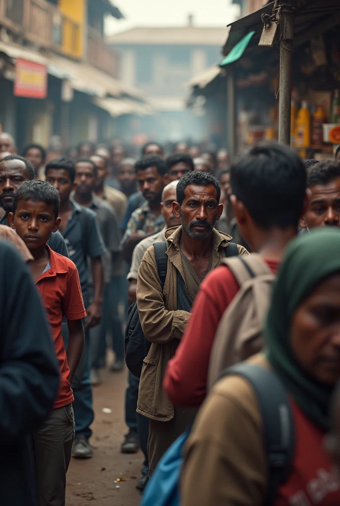 Photos of long queues at the market or people buying basic necessities with worried expressions from a distance