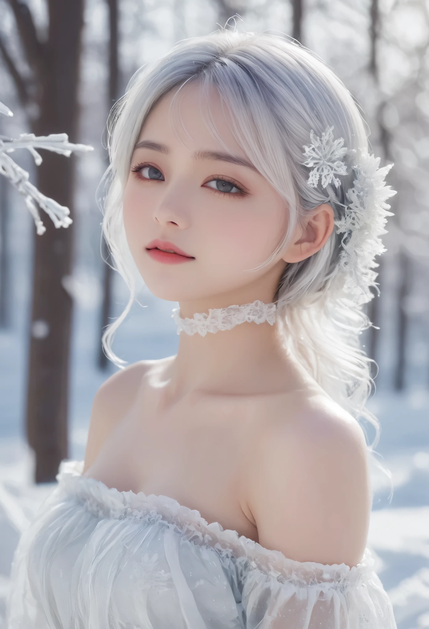 1girl,(Snow,Ice),snowflower,In winter,White hair,Shiny hair,Wavy hair,Transparent clothes,frilld,Lace,Wet clothes,Off_Shoulder,hair scrunchie,Masterpiece,Telephoto lens,absurderes,Exquisite facial features,