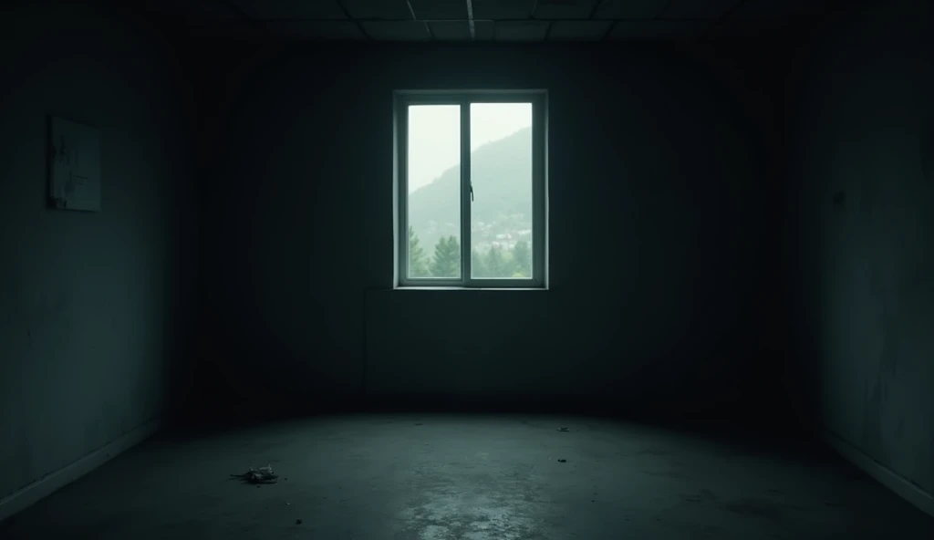 A dark room
front wall with one window out
side view