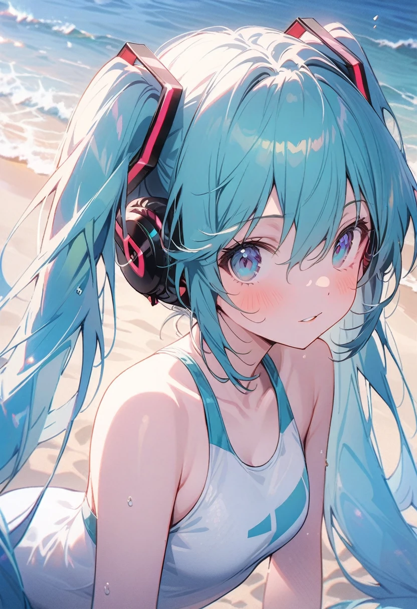 Hatsune Miku, 1female, solo, naked in outdoor, in white beach, medium breasts, nsfw, teal hair, teal eyes, (best quality), (masterpiece), detailed, beautiful detailed eyes, detailed hair, detailed face, detailed eyes, (high resolution), highly detailed, (high quality)