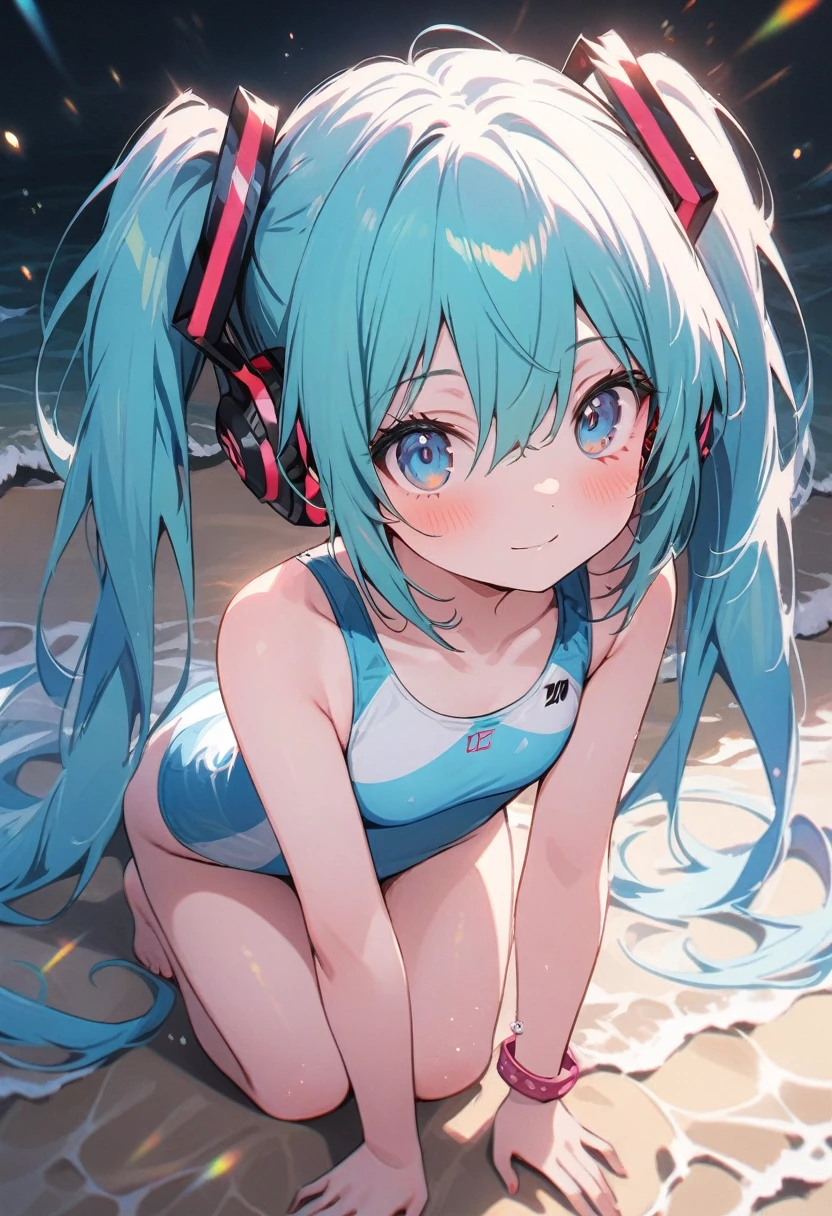 ((hatsune miku)), wearing a bathing suit, on the beach, looking up at the sky, long shot, pale skin, tired face, 8k,wallpaper of extremely detailed CG unit, masterpiece,hight resolution,top-quality,top-quality real texture skin,hyper realisitic,increase the resolution,RAW photos,best qualtiy,highly detailed,the wallpaper,cinematic lighting,ray trace,golden ratio, long shot,