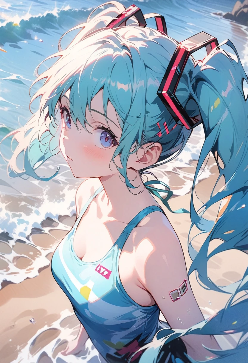 ((hatsune miku)), wearing a bathing suit, on the beach, looking up at the sky, long shot, pale skin, tired face, 8k,wallpaper of extremely detailed CG unit, ​masterpiece,hight resolution,top-quality,top-quality real texture skin,hyper realisitic,increase the resolution,RAW photos,best qualtiy,highly detailed,the wallpaper,cinematic lighting,ray trace,golden ratio, long shot, 