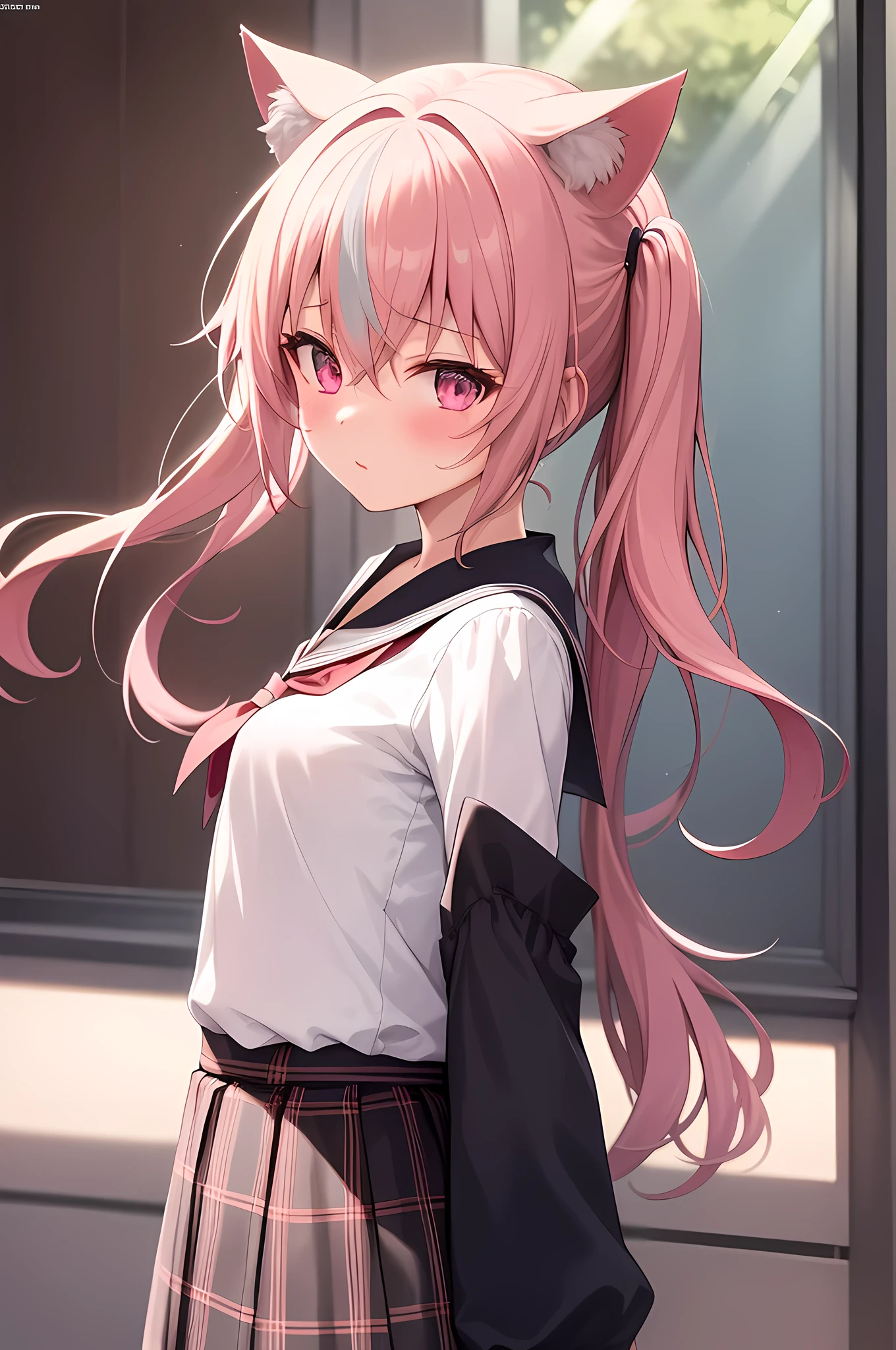 1girl, (upper body:1.3), cat girl, Cat ears, grey hair, streaked hair, pink hair, long hair, hair between eyes, twintails, sailor collar, highly_detailed, extremely_detailed_CG_unity_8k_wallpaper, highres, absurdres, beautiful_detailed_eyes, finely_detailed_clothing, finely_detailed_light, highly_detail_hair_, colorful, light rays, caustics, aistics, lens flare, bokeh, nsfw, flat-chested, pink eyes, silk stockings, JK Uniform Plaid Skirt, school uniform, Light pink mini skirt, blush, score_anime, score_9, score_8_up, masterpiece, beautiful scenery, illustration