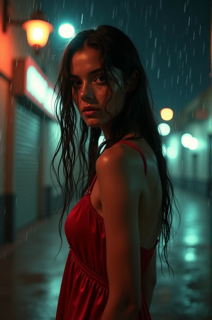1girl,solo, Mary R.,long hair,Rough skin,from back,face focus,(looking at viewer:1.2),wet hair,dark,polaroid,(depth_of_field:1.5),rainy days,outdoors,street,hair between eyes,moody lighting,Tyndall effect,Cinematic Lighting,night,lamppost,lens flare,available light,rim light,glowing neon lights,curvy,Red silk dress,mexican girl,naked, beauty girl, sexy girl
