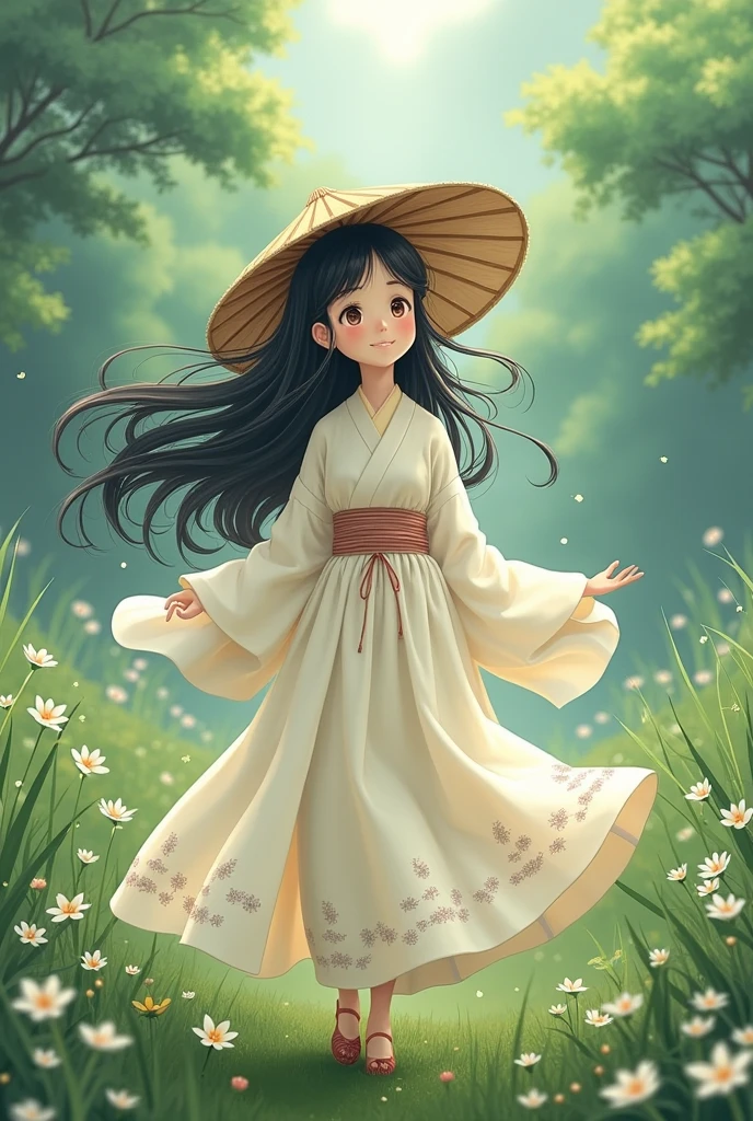 Ghibli-style straw hat, a dress billowing in the wind, long hair