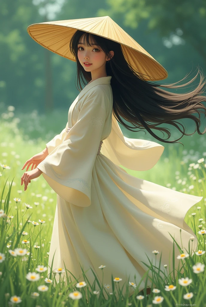 Ghibli-style straw hat, a dress billowing in the wind, long hair