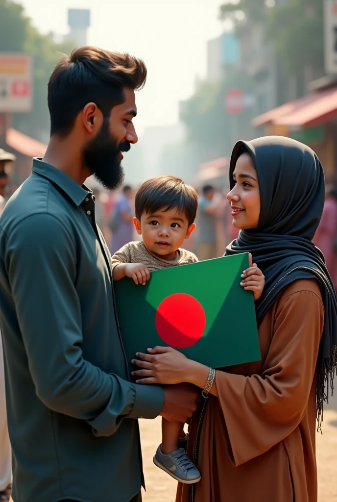 A 27 years old beard boy, a 18 years old burka niqab girl and a 2  boy on busy road with Bangladesh flag in hand,  mouth in dark, infront of a place named "Konabari Gazipur"