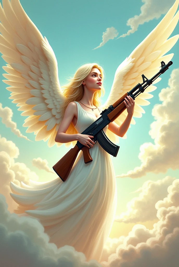 create a cartoon image of an angel holding an AK47