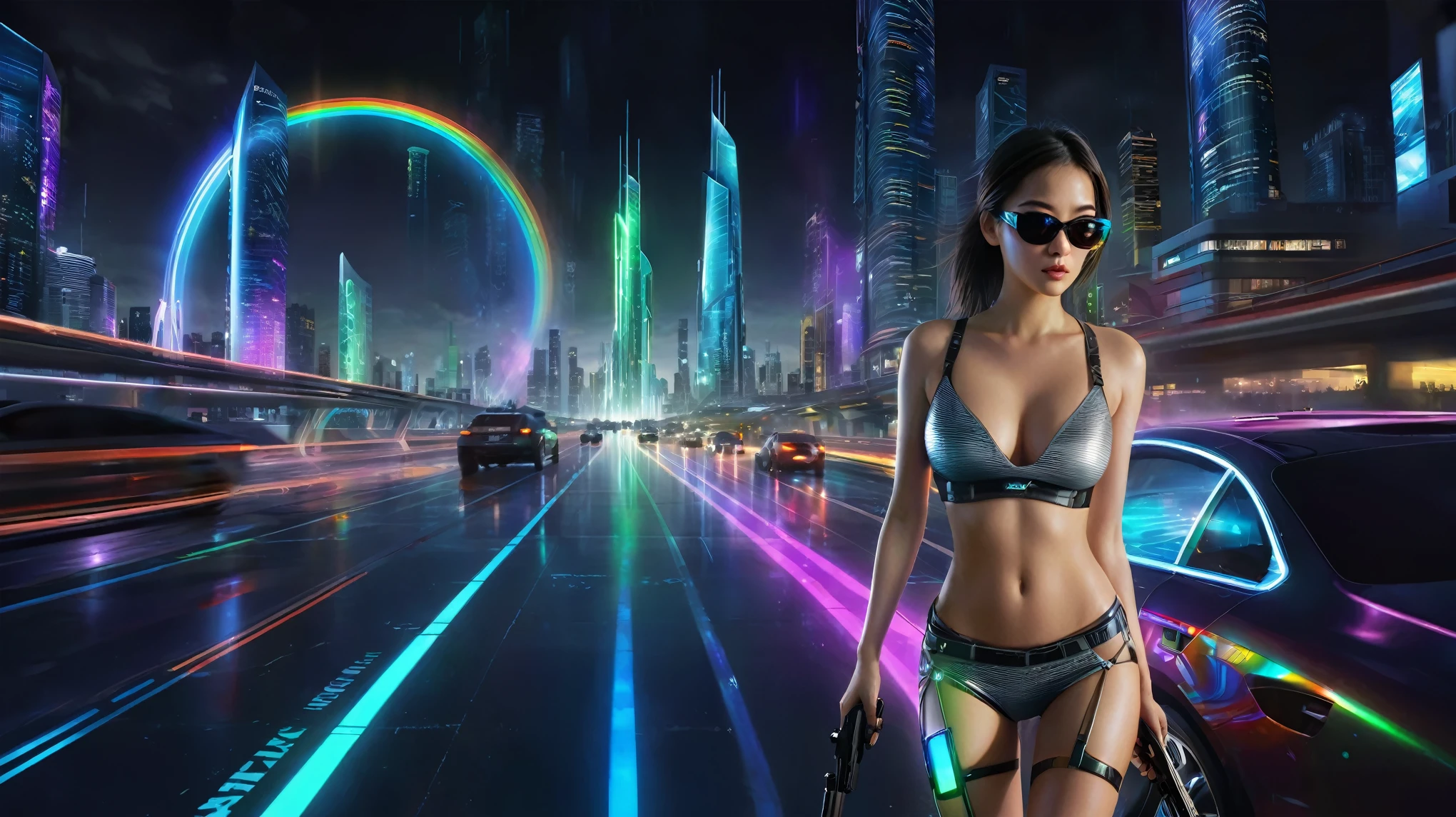 Estilo: arte conceitual. A cena: Futuristic cityscapes with colorful all-glass towering skyscrapers, sleek aerodynamic vehicles speeding through the air, sci-fi spirit-sparkling rainbow colors wormhole at the end of the street. High-resolution OLED GUI interfaces in the building, The windows are filled with transparent data visualization infographics that show it all, from weather patterns to traffic flow, Matrix cascading code. Colors are saturated and vibrant. At night, (1girl, solo), photo realistic, medium-breast:1.3 slim body, cleavage, sling top, miniskirt, (matrix style black sunglasses, holding a short gun), half-body thigh level medium shot, cinematic lighting, ray tracing.