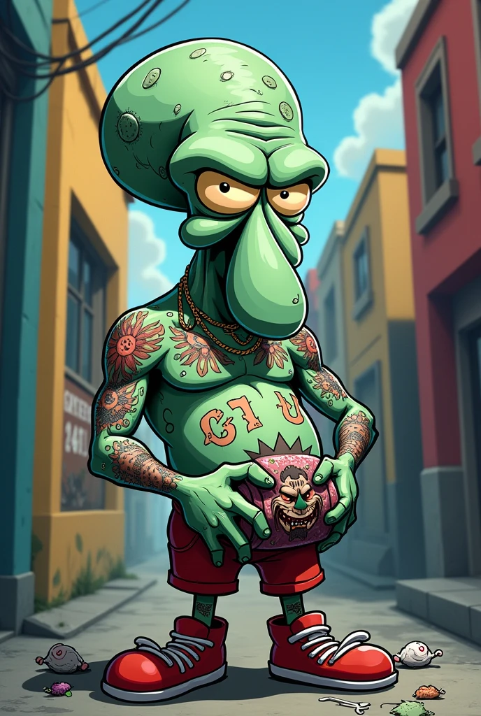 Make me a squid like Squidward from Spongebob, but a drug dealer and very gangster like the ones in the USA with a gangster tattoo., canons, cartoonized in a not so dark place, but trafficker and shirtless full of tattoos and drugs
