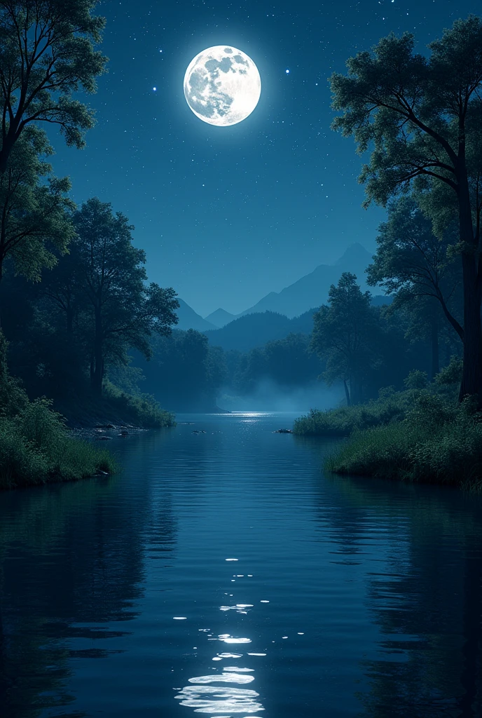 (photorealism:1.2), an outdoor lake in the forest, under the moonlight, and sky with dazzling stars