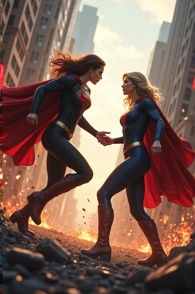 A very beautiful blonde Supergirl and a very beautiful brunette Wonder Woman are embracing each other。、Looking into the camera, whole body, Looking into the camera, Looking at the camera with teary eyes