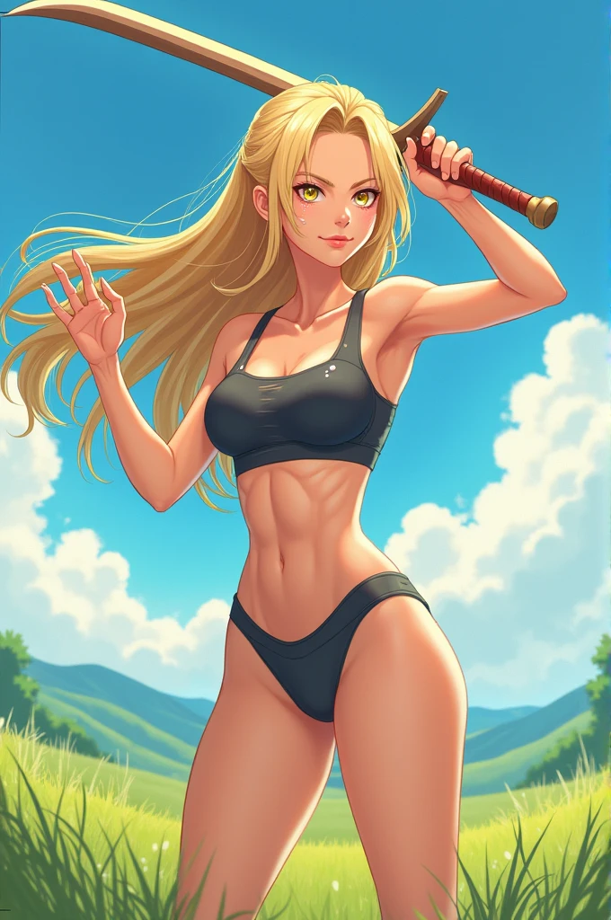 Anime-style illustration of a young woman standing in a grassy field under an open sky. She has long, silky blonde hair and golden almond-shaped eyes. She’s holding a wooden sword, sweating slightly, with a cold and focused expression. She’s wearing a minimalistic, tight-fitting training outfit designed for ease of movement, emphasizing her athletic and beautiful figure. The focus is on her full figure, with smooth skin, outlined curves, and a toned physique.