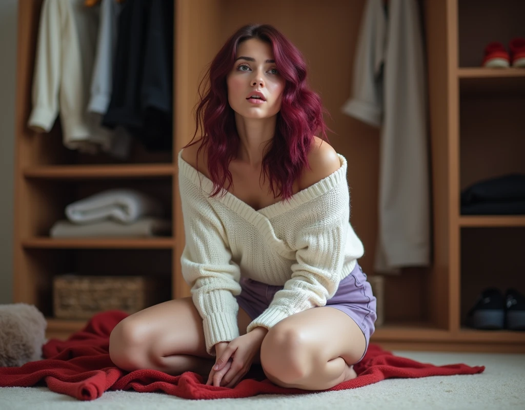 170 cm tall, 24-year-old woman, vibrant maroon wavy medium length layered parted to the side hair, porcelain skin, fit toned figure, pale blue eyes, Caucasian-Mixed race features, wearing a white off shoulder sweater and lavender shorts, incredulous expression, on the floor pinning down hips of a 22-year-old man lean with short platinum blond layered hair with side swept bangs, blue eyes and Germanic-Icelandic features wearing tight black pants and a red shirt pinned beneath on the floor, inside a giant walk in closet, photorealistic, cinematic