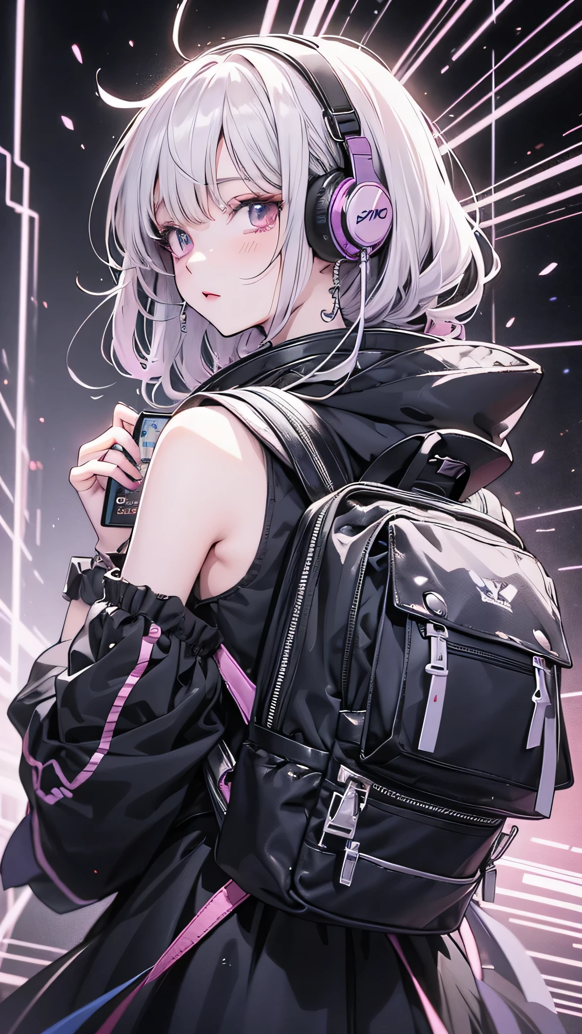 Anime character with headphones and backpack looking at cell phone, Anime Style 4 k, Digital anime art, Nightcore, Digital anime illustration, Anime Styled digital art, anime art wallpaper 4k, anime art wallpaper 4k, Anime art style, Anime digital art, Anime Style artwork, Anime Style. 8k, detailed Digital anime art