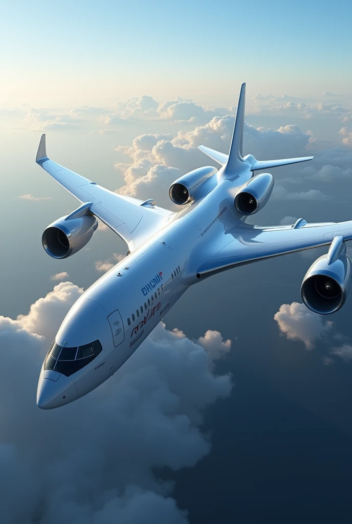 Create a large commercial aircraft in detail. Something more advanced than what currently exists. Superior aerodynamics, flight systems, propulsion, fireproof materials used, lightweight, very resistant and aircraft systems inspected by AI. "Aerodynamics is the science that studies the movement of air and its effects on objects. In the case of airplanes, it is essential to understand how these gigantic machines manage to defy gravity and rise into the air."; The four fundamental forces of flight: lift, weight, thrust and drag. entire body from one side to the other. Now incorporate a survival system for immediate evacuation of passengers.