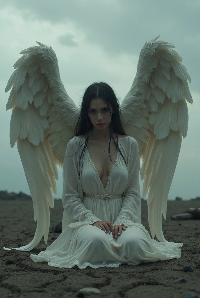 beautiful fallen angel, crying face, sits on a deserted land