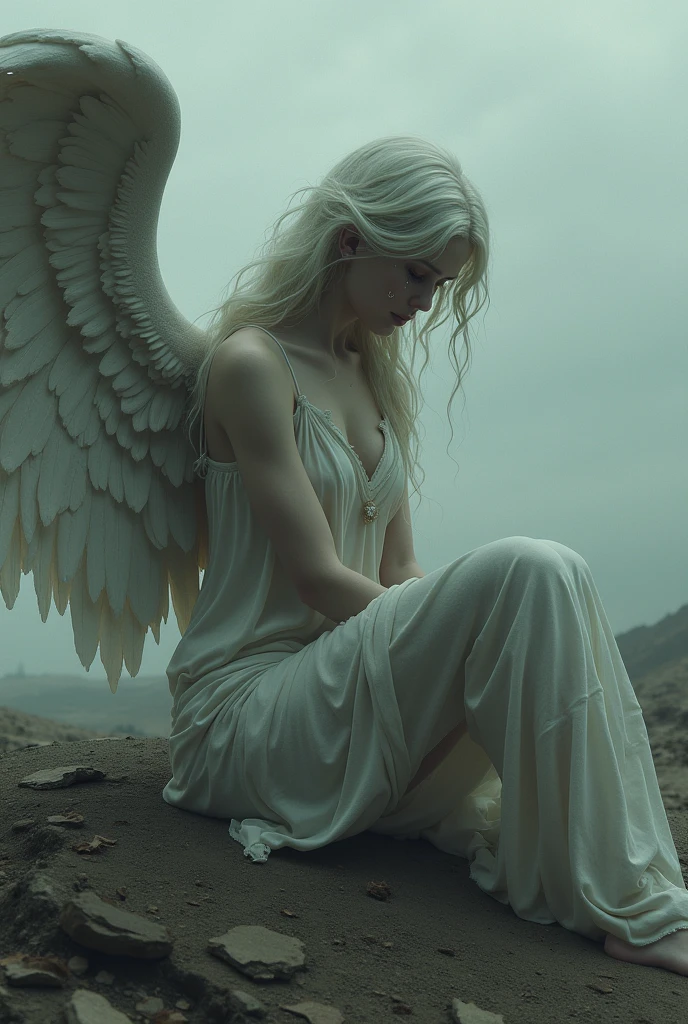 beautiful fallen angel, crying face, sits on a deserted land