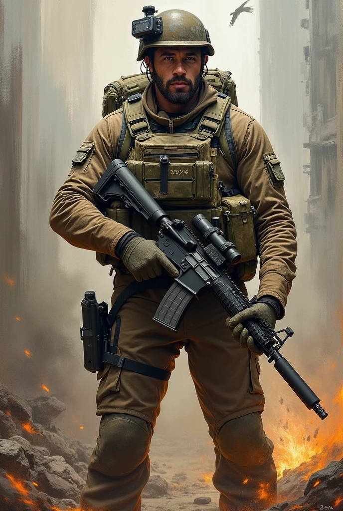 Soldier with dark uniform and rifle, ruined background, realistic, stylish, goatee, brown hair, buzz hair, cigarette, hk416 rifle, intricate details, hyperdetailed, cinematic, rim light, danger atmosphere