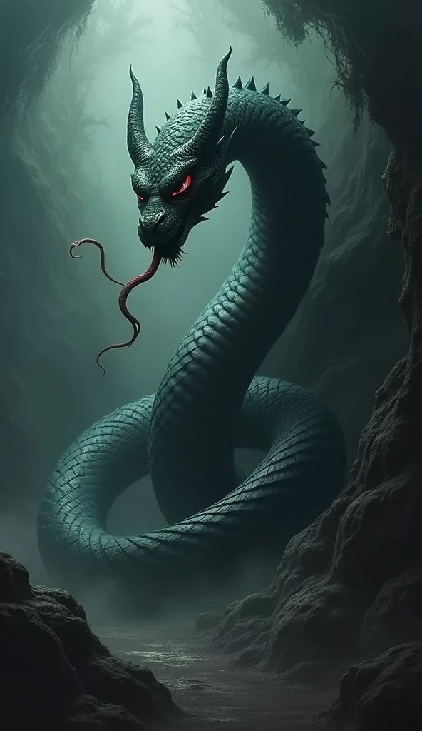 Make an image of a serpent symbolizing Satan, make this image have some suspenseful details