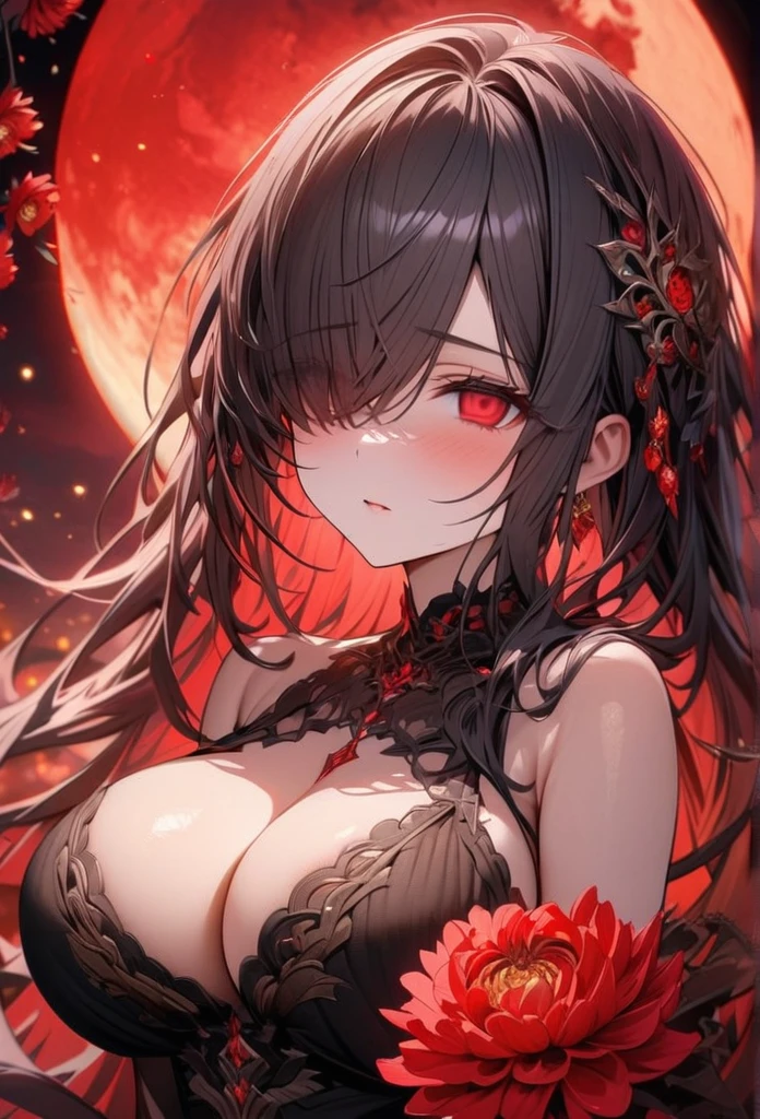 absurdres, highres, ultra detailed, HDR, master piece, best quality, extremely detailed, black hair, very long hair, expressive red eyes, empty eyes, hair over the right eye, woman, big breasts, solo, beautiful, cold, very cute, gentle, black sexy dress, fantasy, sparkling, red glittering fireflies, red moon, red blossoms, red chrysanthemums, red sparkling lights, starry sky, magical