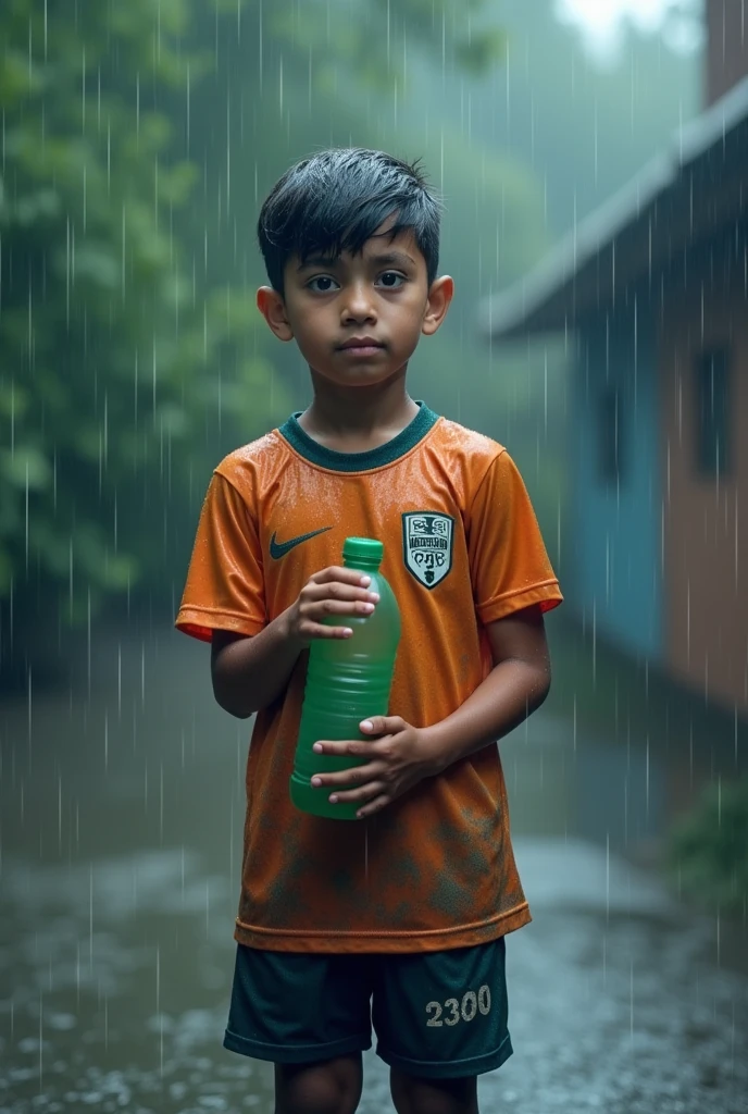 একটি ছেলে জার্সি পড়া  নাম রিফাত বোতল নিয়ে  বৃষ্টির মধ্যে দাঁড়িয়ে আছে