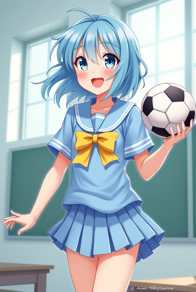 Light blue hair、Neckline short、Very Short Hair、Big light blue eyes、Water-colored eyebrows、Only the sideburns are long、Light blue sailor suit、Light blue pleated skirt、Big yellow ribbon、classroom、Holding a soccer ball、smile、Saki Nijino