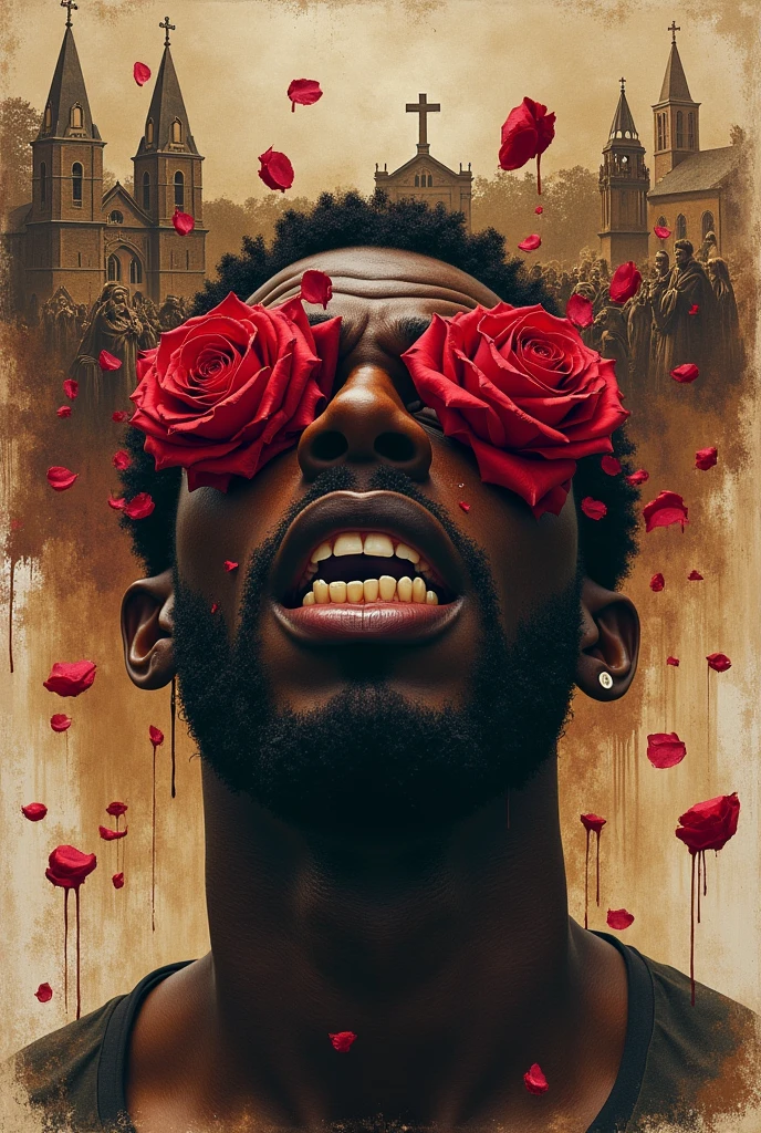 Black man with eyes bleeding roses emerge from the eyes brutally amidst the blood on a
watercolor paper with coffee, a gag in his mouth with an expression of pain and despair and historical images in the stains of the paper, like churches burning and indigenous people dying in the background of the scene he finds himself in
(Graffiti art street style)