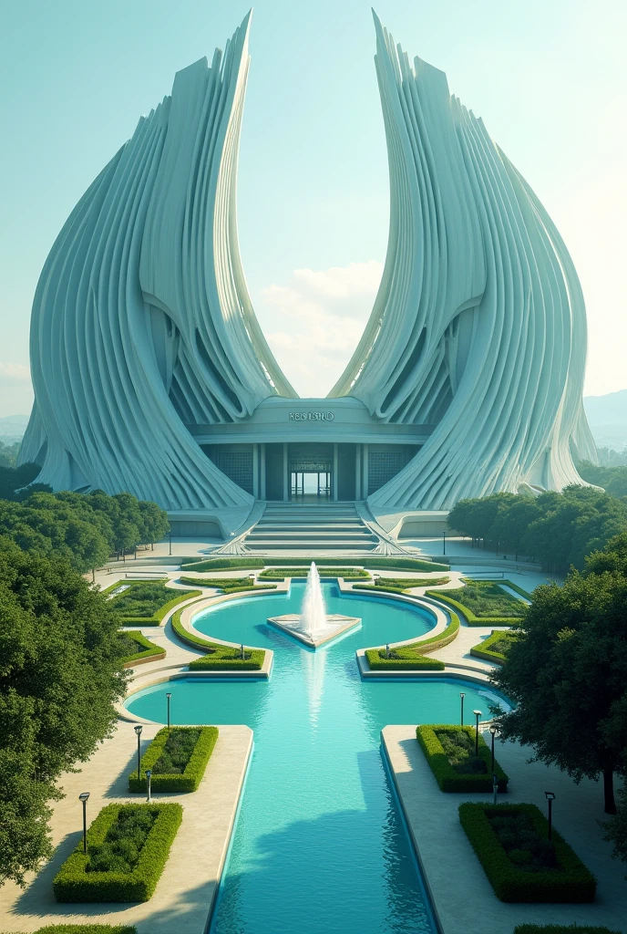realistic image of government buildings. very large on a plateau, the parametric building design is shaped like the wide spread wings of an eagle. Magnificent parametric architectural design, there is a fountain pool in the front yard. the color of the building is bluish green. drone view. artistic. elegant