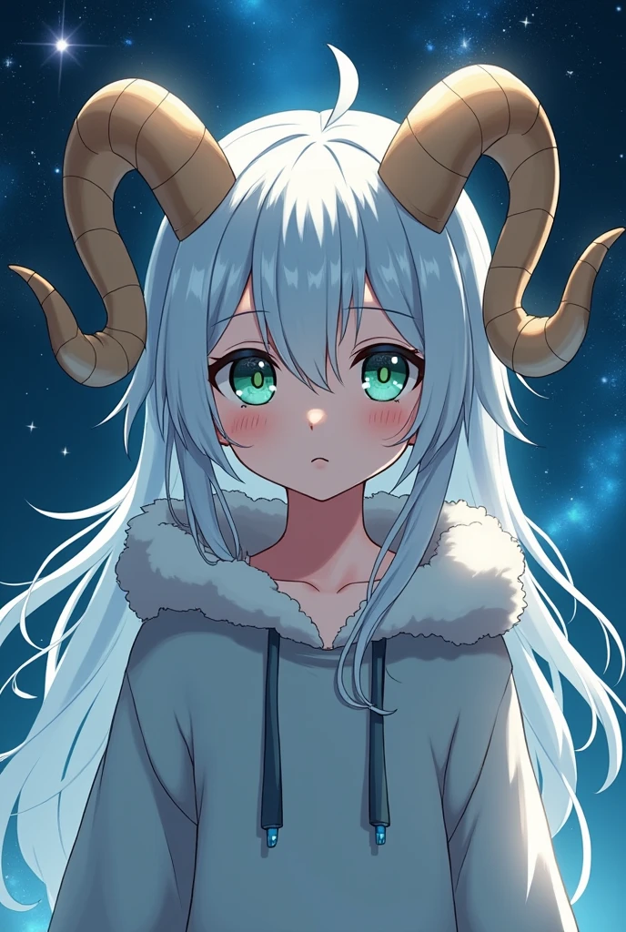 Ram&#39;s horn、Long white hair、10 years old、Anime Style、Green and Blue Odd-Eye、Fluffy hoodie、The background is space、A vacant expression