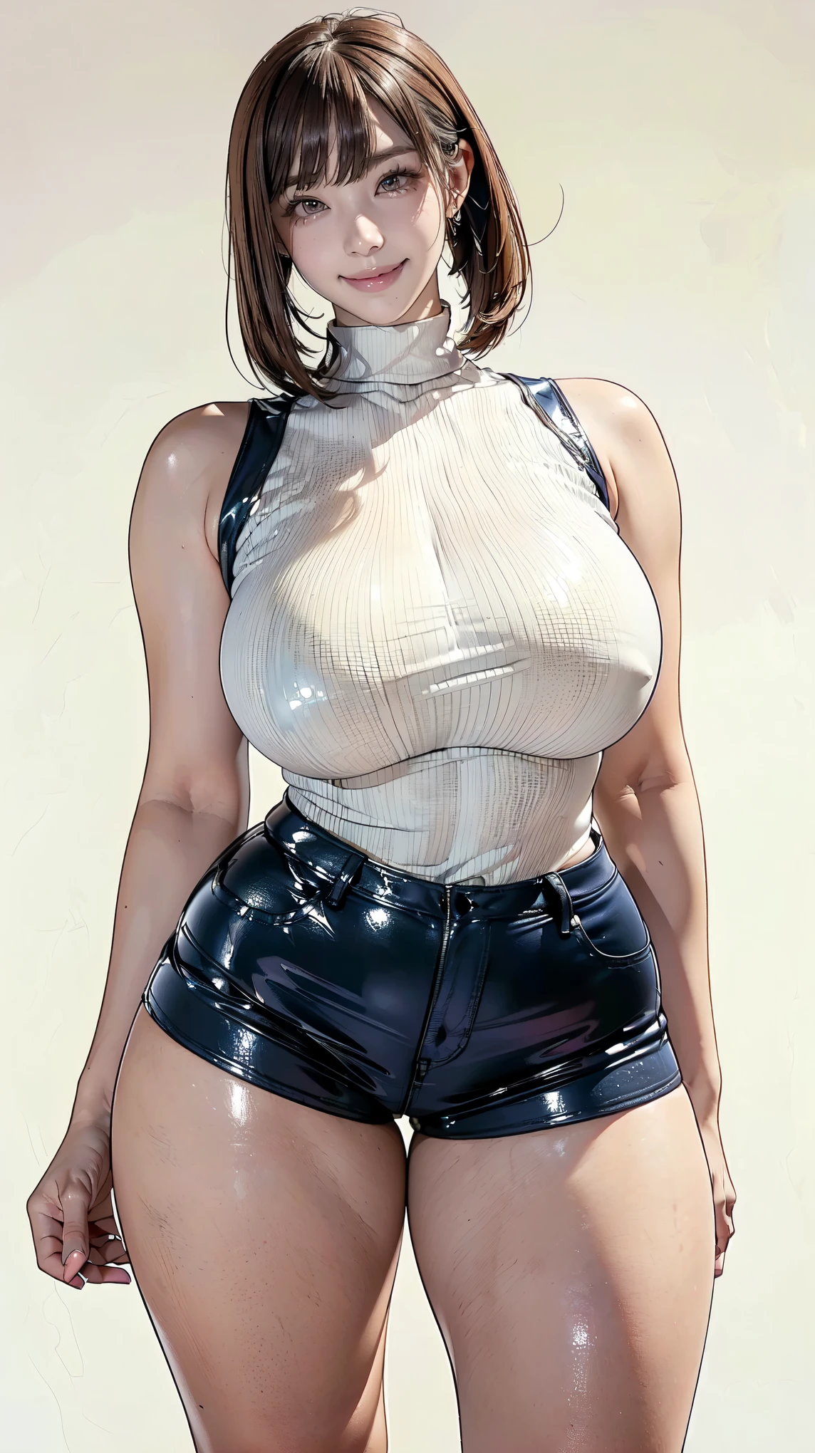 masterpiece,Highest quality,High resolution,Realistic,(1 high school girl:1.2), ((Latex sleeveless white turtleneck shirt), (Navy dolphin shorts made of latex))),(Smiling with teeth showing, Embarrassing！:1.3),(Brown Hair, Boyish hairstyle, Gal Makeup, Make your eyelashes thinner, longer and more abundant:1.3), (View from below:1.1), (Thick thighs:1.3), (Stand up with legs apart:1.3), (Blue blank background:1.3)