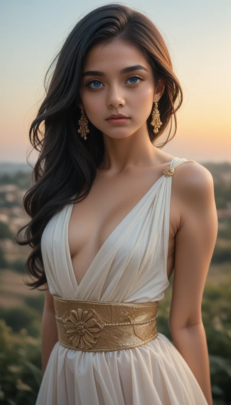 (Photorealism 1) indian hot sexy and attractive girl age 22 year,age 22,blue eye, long and black hair, slim sexy body, beautiful face, detailed face, skin tone, rich lahanga sari, background mysterious sky light in night