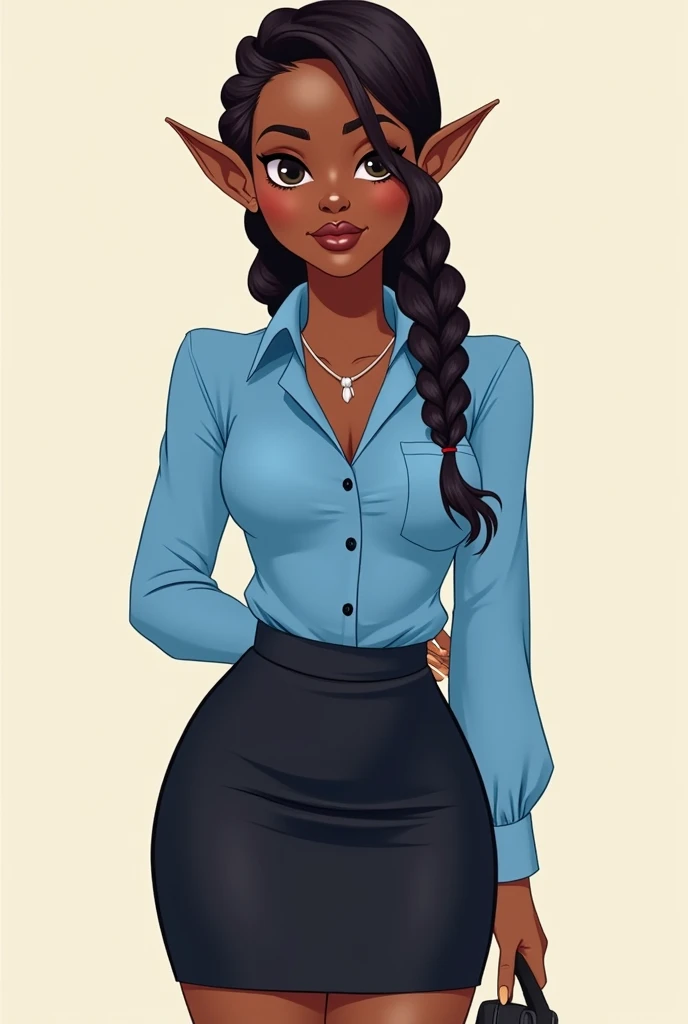 Clipart of dark woman's corporate dressing. Blue shirt and decent black skirt in braids, elf ears, cleavage, thigh, short skirt, sexy